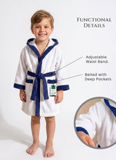 Puddle Kids Cotton Bathrobe with Hood, Tie Belt & Pockets - White