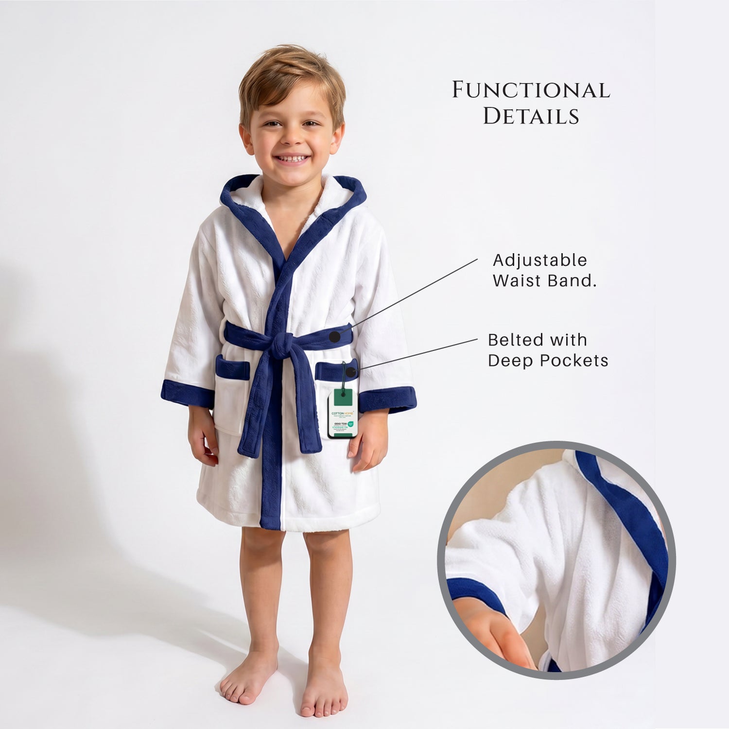 Puddle Kids Cotton Bathrobe with Hood, Tie Belt & Pockets - White