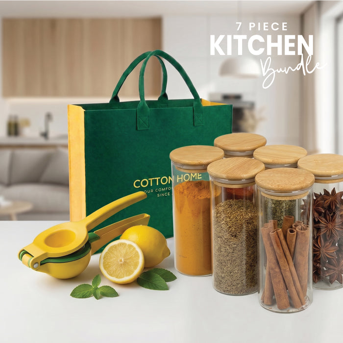 Kitchen Essentials Bundle – Lemon Squeezer & Glass Storage Jar Set with Bamboo Lids (6 PCS)