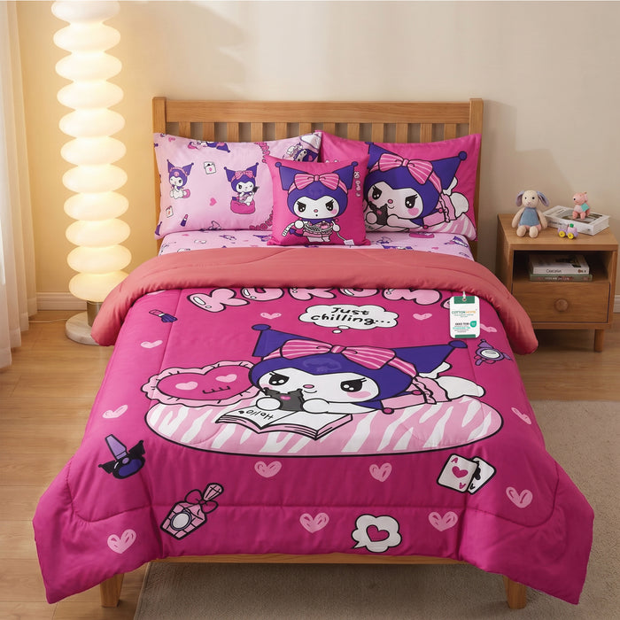 Kuromi Official Kids Bedding Set – 5 Piece Comforter Set Cozy & Colorful Cartoon Character with Matching Pillowcases & Bedsheet