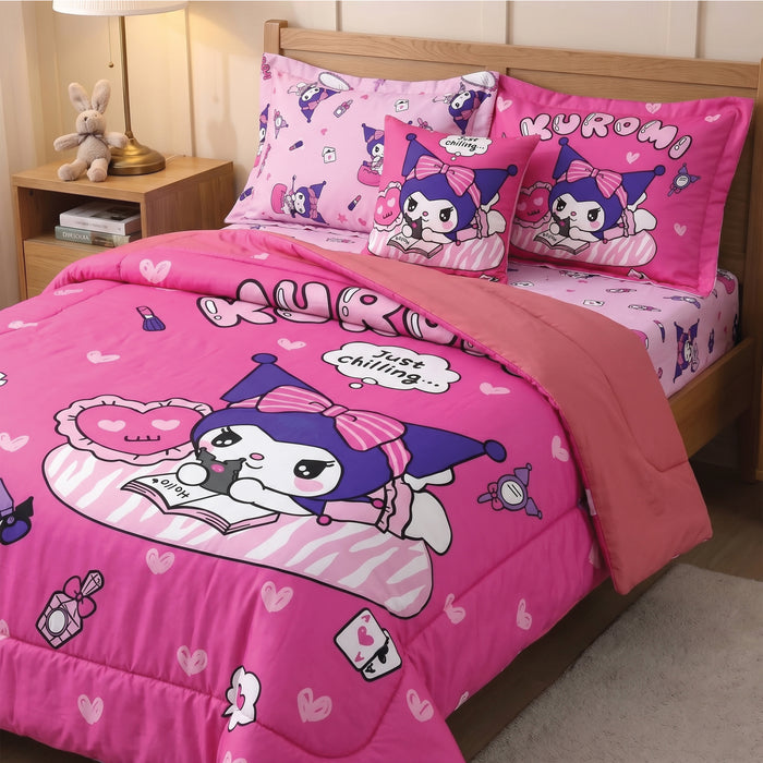 Kuromi Official Kids Bedding Set – 5 Piece Comforter Set Cozy & Colorful Cartoon Character with Matching Pillowcases & Bedsheet