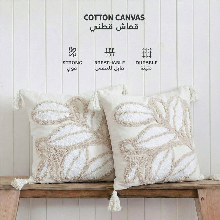 Boho Handcrafted Throw Pillow 45x45cm Filled Cushion with Leaves Design Pack of 2