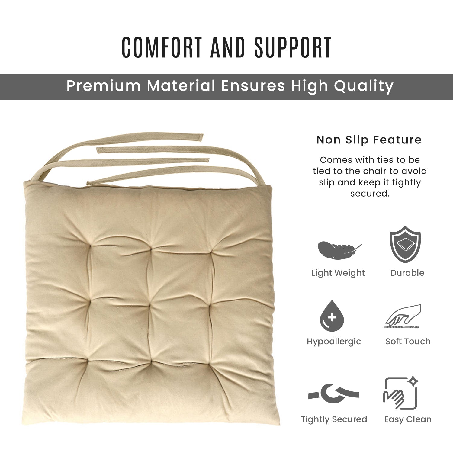 Velvet Slip Free Tufted  Chair Cushion Light Beige 40x40cm - Pack of 2 - Cotton Home