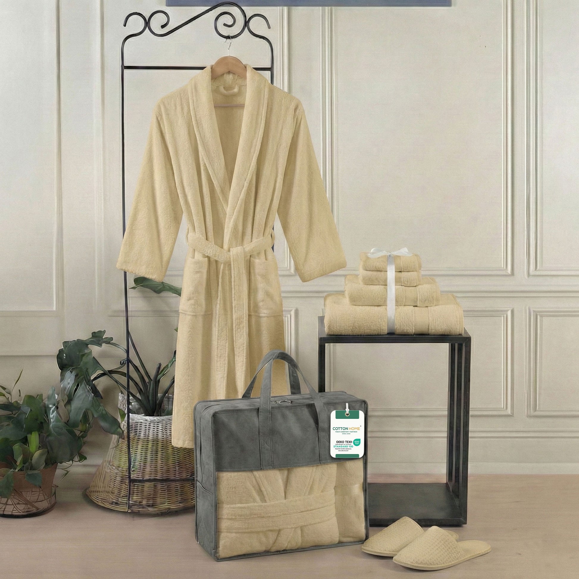 Luxury 7PC Egyptian Cotton Bath Bundle Set Linen – Bathrobe, Towels, Slippers