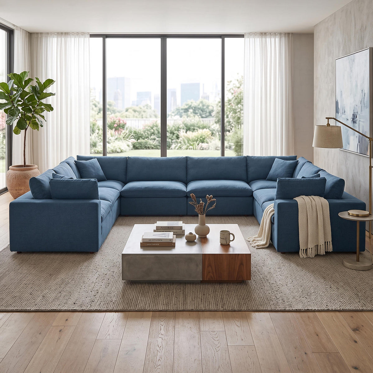 Novara 8-Seater Modular Fabric Sofa – Symmetrical Design, Wide & Spacious, Ash Blue Upholstery, 400cm x 300cm x 89cm