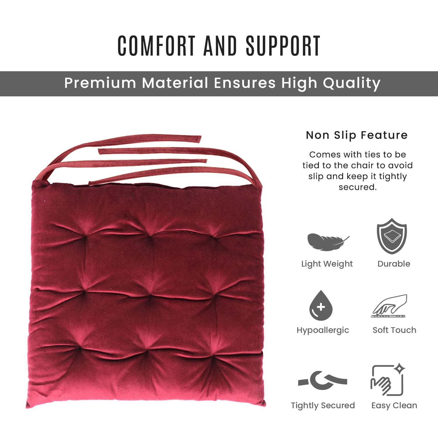 Velvet Slip Free Tufted  Chair Cushion Maroon 40x40cm - Pack of 2 - Cotton Home