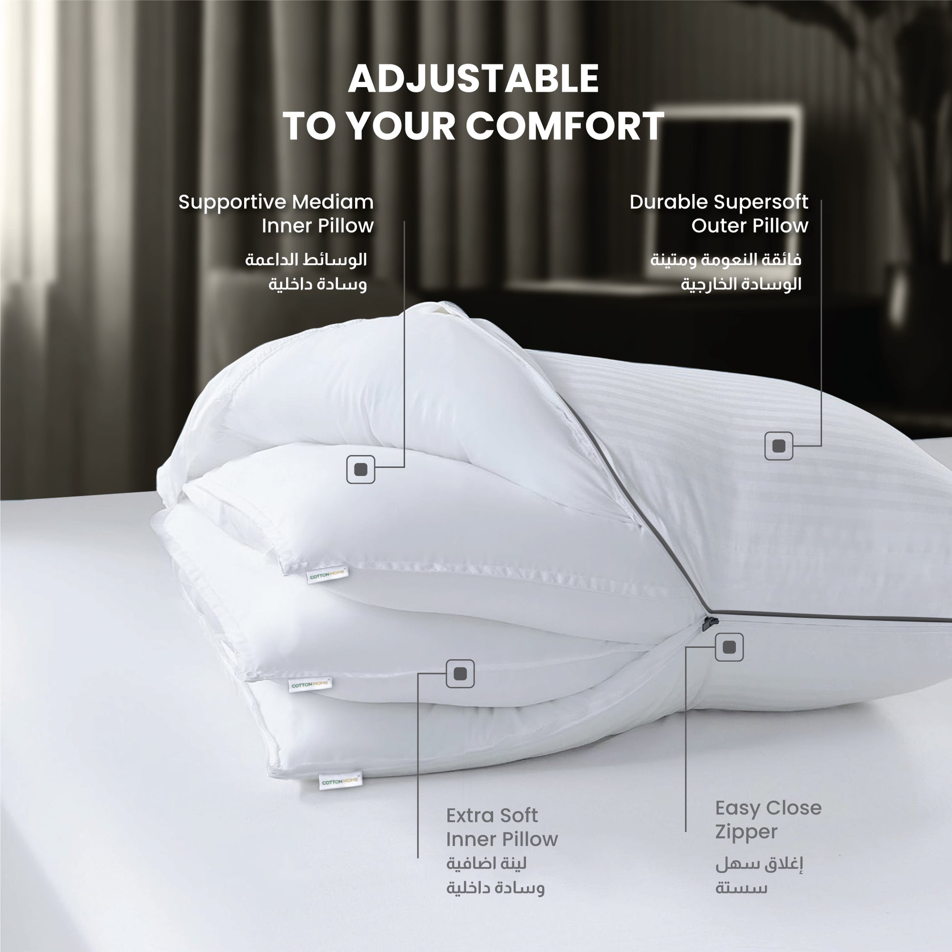 Triton Premium Cotton Three-in-One Adjustable Layer Cotton Pillow with Down Alternative filling 50x75 cm - Cotton Home