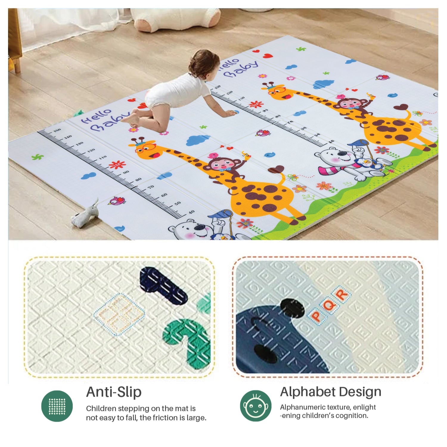 Baby Crawling Mat 200x180CM Large Reversible Waterproof, Non-Slip Play Mat with Animals Design