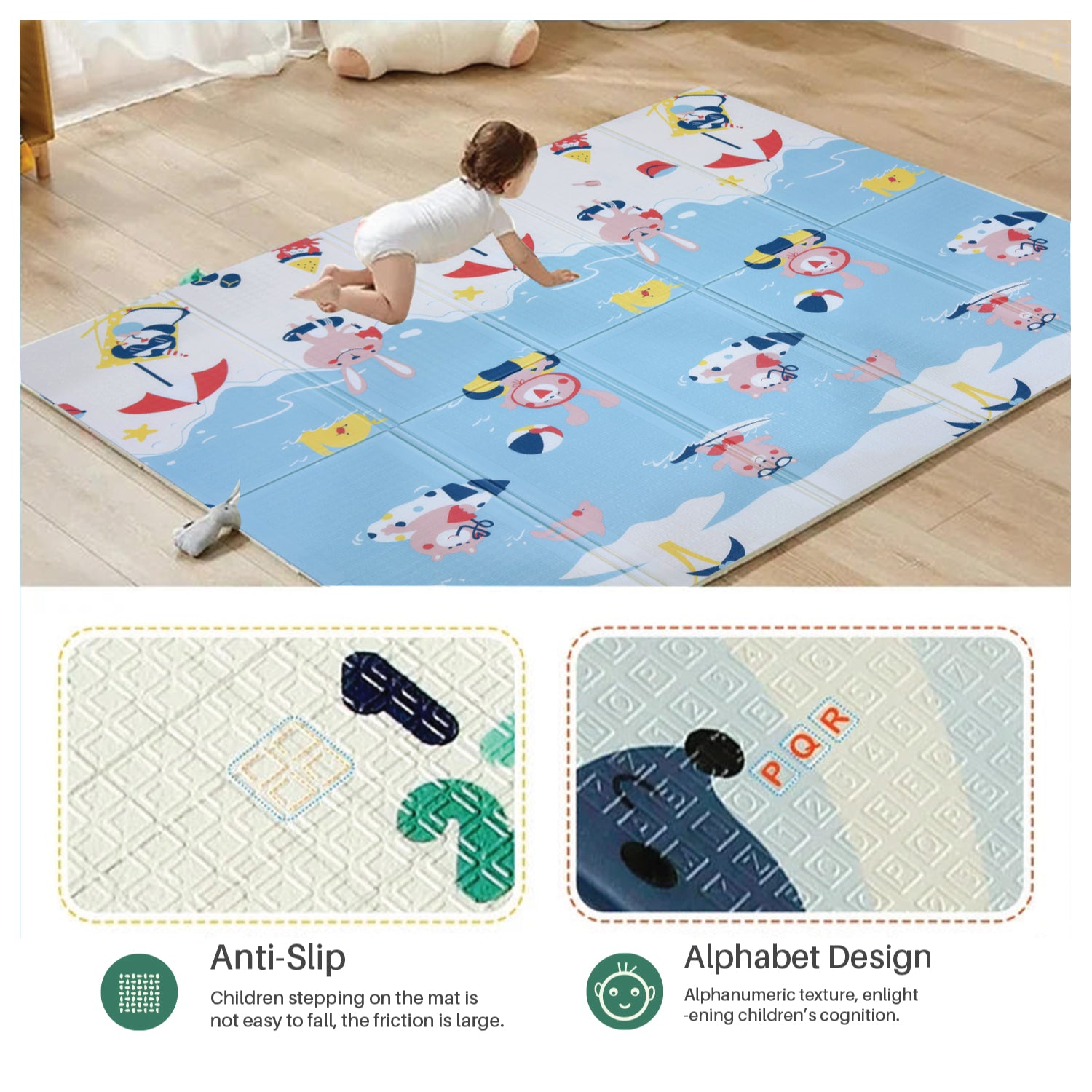Baby Crawling Mat 200x180CM Large Reversible Waterproof, Non-Slip Play Mat with Beach Design