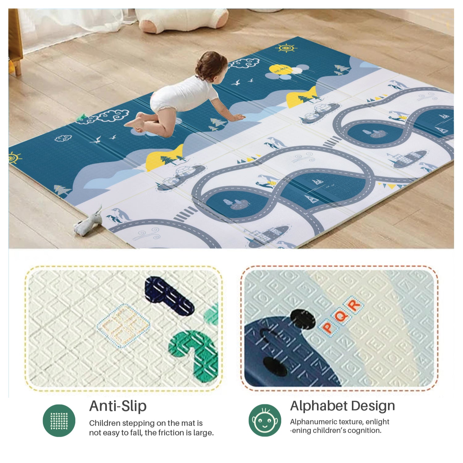 Baby Crawling Mat 200x180CM Large Reversible Waterproof, Non-Slip Play Mat with Penguin Design