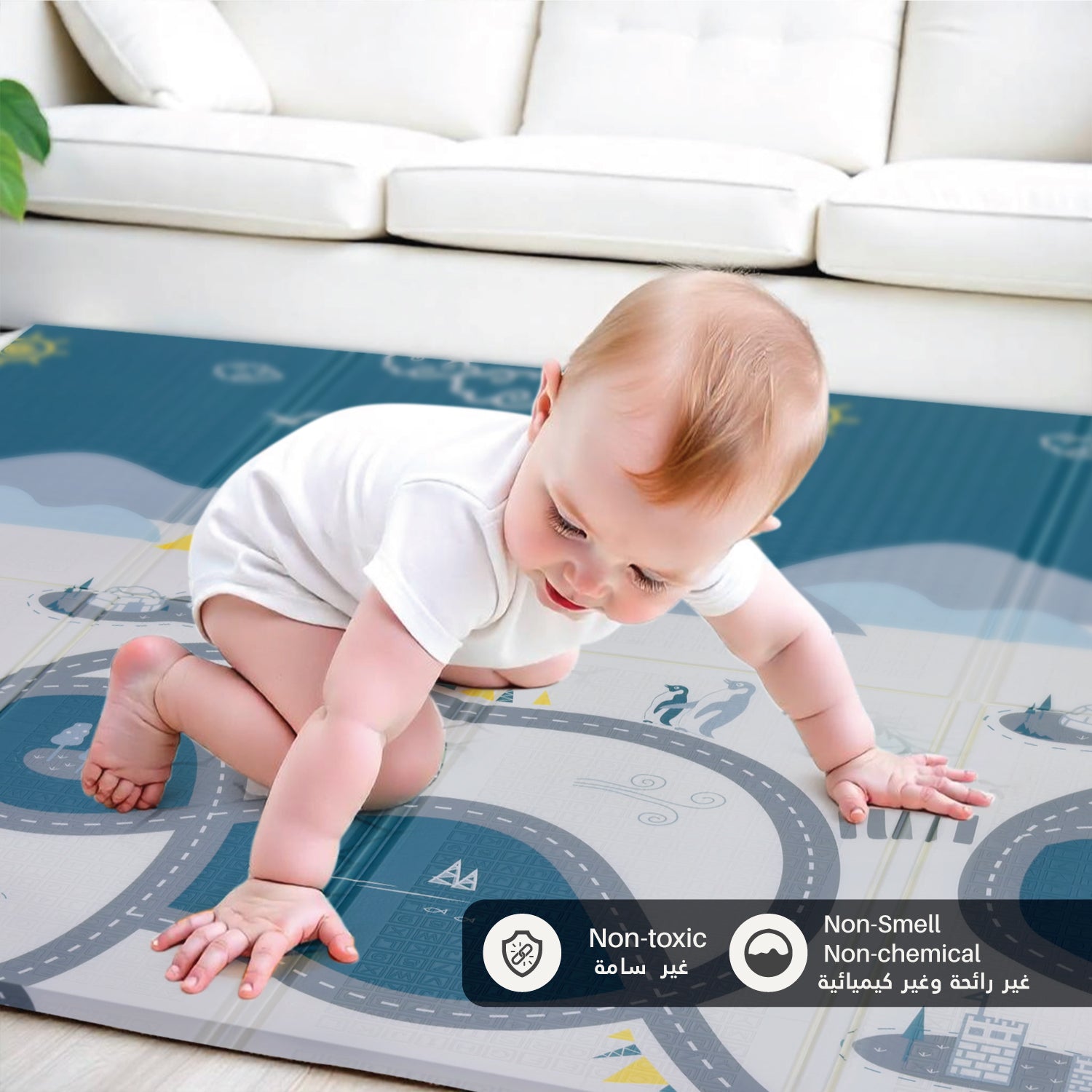 Baby Crawling Mat 200x180CM Large Reversible Waterproof, Non-Slip Play Mat with Penguin Design