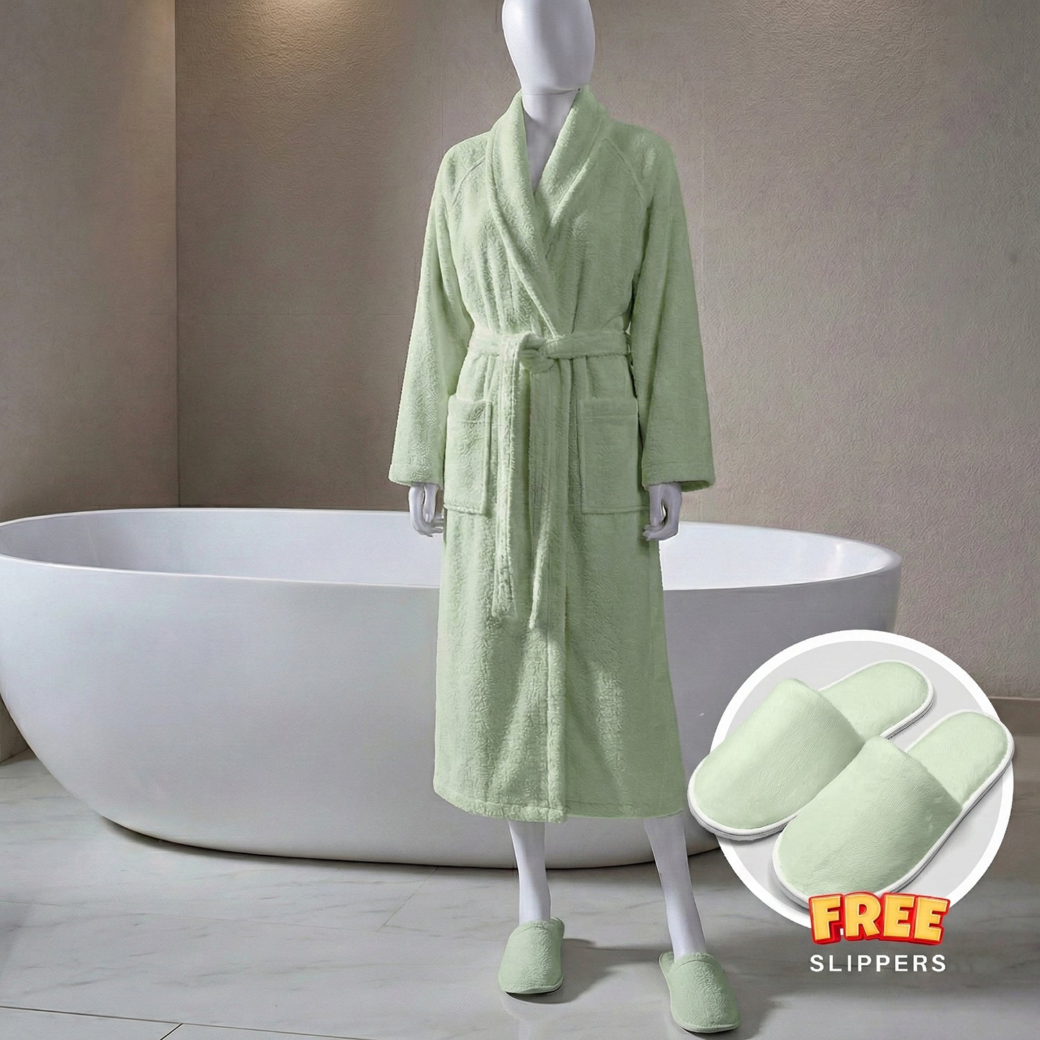 Premium Cotton Mint Green Terry Bathrobe with Pockets, One Size Fits All with Free Bath Slippers