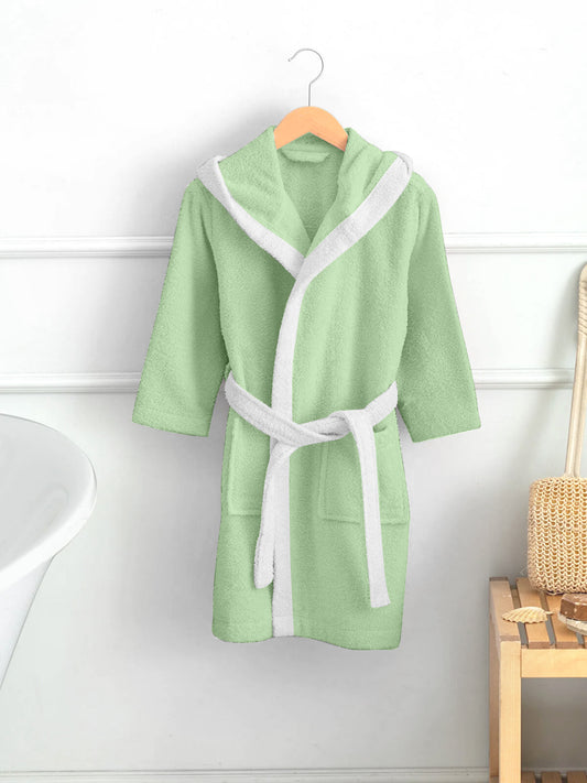 Polar Bear Embroidered Kids Bathrobe with Hood and Tie Up Belt - Mint - Cotton Home