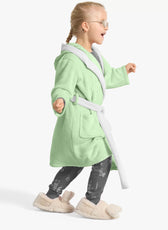 Polar Bear Embroidered Kids Bathrobe with Hood and Tie Up Belt - Mint - Cotton Home