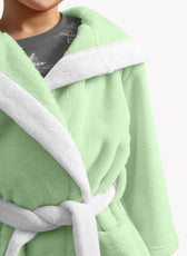 Polar Bear Embroidered Kids Bathrobe with Hood and Tie Up Belt - Mint - Cotton Home