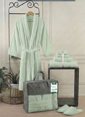 Luxury 7PC Egyptian Cotton Bath Bundle Set Mint Green – Bathrobe, Towels, Slippers