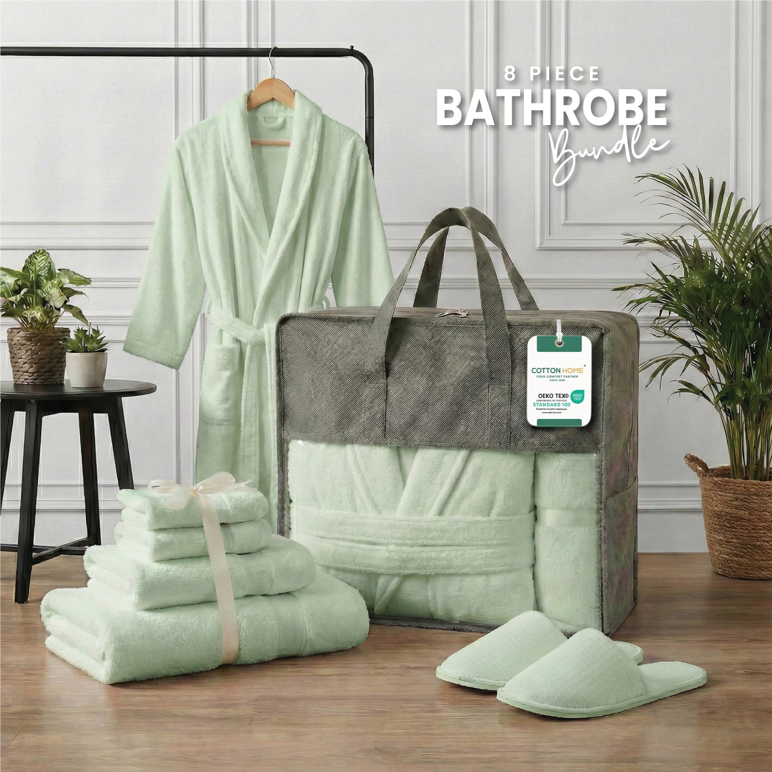 Luxury 7PC Egyptian Cotton Bath Bundle Set Mint Green – Bathrobe, Towels, Slippers
