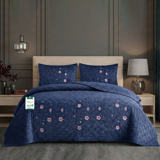 Velvet Quilt Set 3-Piece Diamond Quilted Bedspread Set 220×240cm with two pillow case Navy Blue