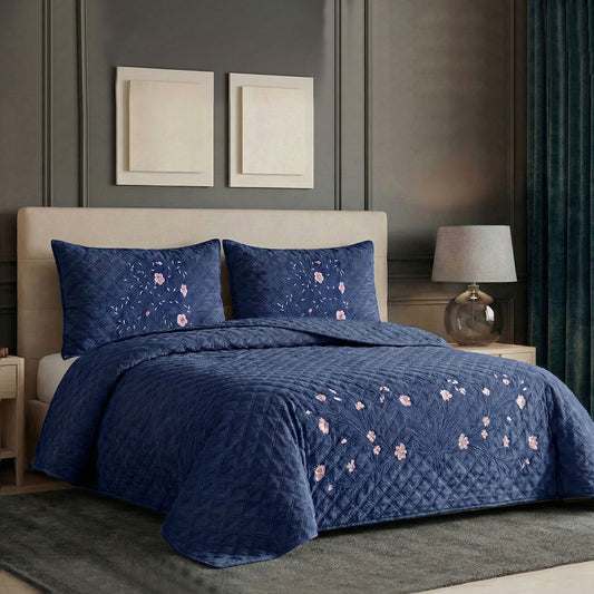 Velvet Quilt Set 3-Piece Diamond Quilted Bedspread Set 220×240cm with two pillow case Navy Blue