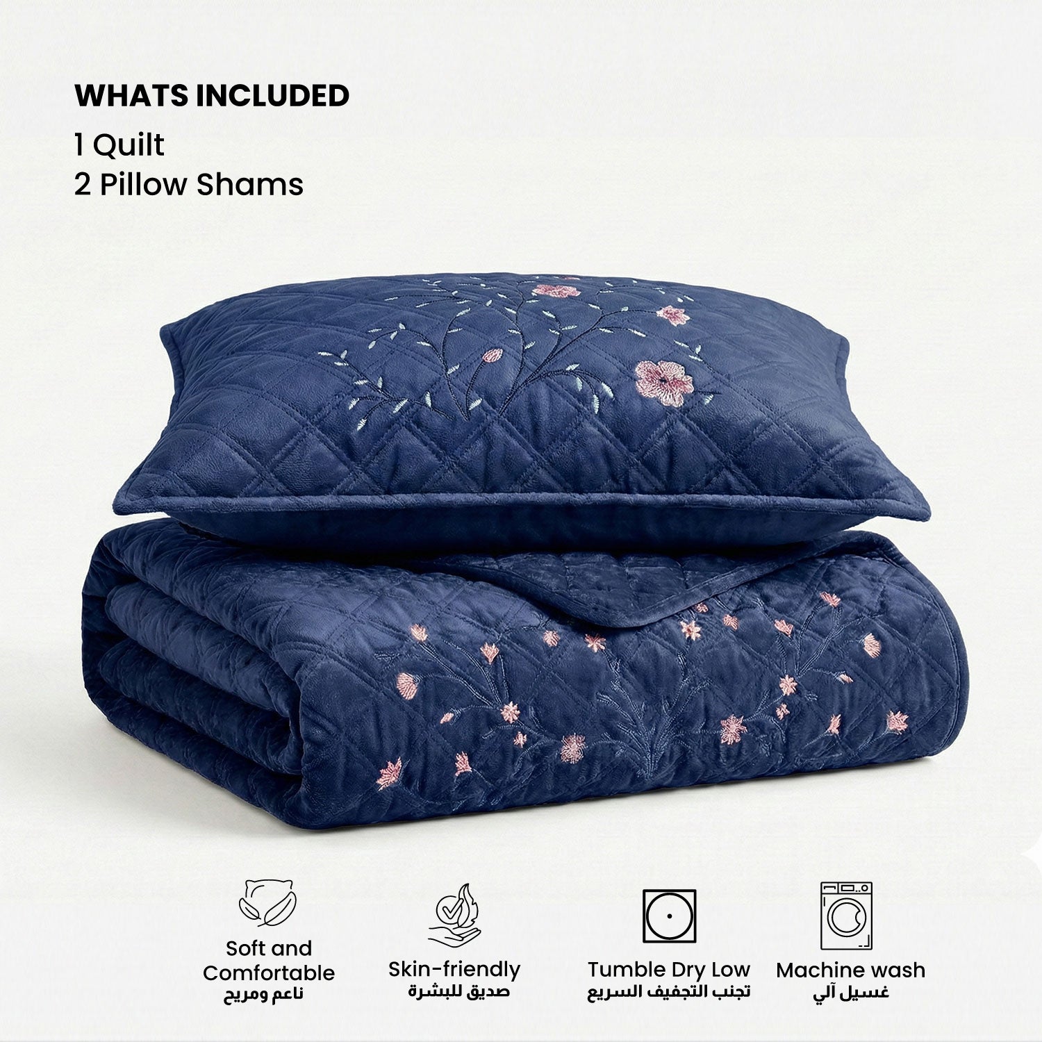 Velvet Quilt Set 3-Piece Diamond Quilted Bedspread Set 220×240cm with two pillow case Navy Blue