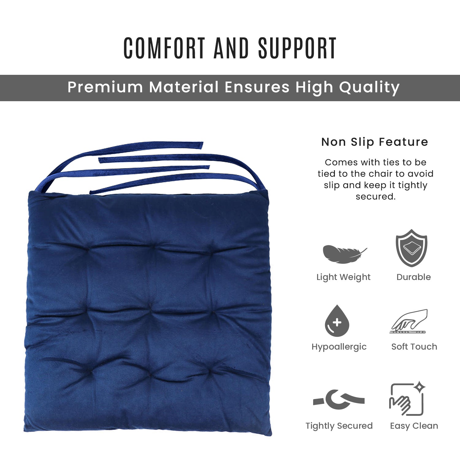 Velvet Slip Free Tufted  Chair Cushion Navy Blue 40x40cm - Cotton Home