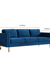 Nebula Navy Velvet 3-Seater Sofa with Square Arms - Luxury Living Room Seating, L220cm x W86cm x H81cm - Cotton Home