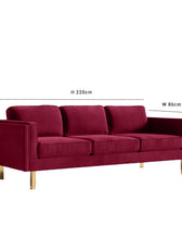 Nebula Maroon Velvet 3-Seater Sofa with Square Arms - Luxury Living Room Seating, L220cm x W86cm x H81cm - Cotton Home