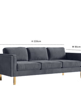 Nebula Grey Velvet 3-Seater Sofa with Square Arms - Luxury Living Room Seating, L220cm x W86cm x H81cm - Cotton Home