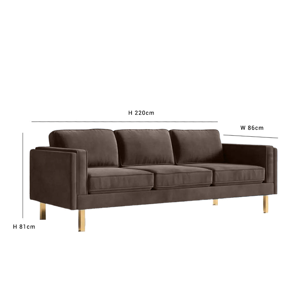 Nebula Brown Velvet 3-Seater Sofa with Square Arms - Luxury Living Room Seating, L220cm x W86cm x H81cm - Cotton Home