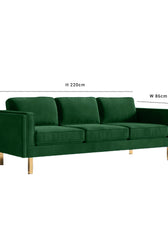 Nebula Green Velvet 3-Seater Sofa with Square Arms - Luxury Living Room Seating, L220cm x W86cm x H81cm - Cotton Home