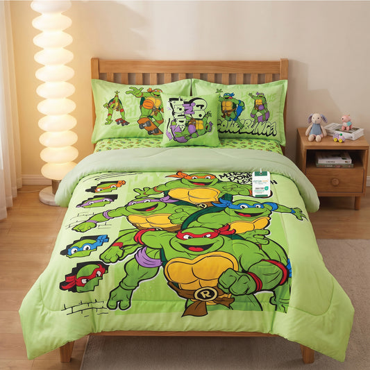 Ninja Turtles Official Kids Bedding Set – 5 Piece Comforter Set Cozy & Colorful Cartoon Character with Matching Pillowcases & Bedsheet