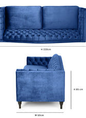 Nova 3-Seater Velvet Sofa with Square Arms – L220cm x W60cm x H85cm, Blue Comfortable & Stylish Sofa for Living Room - Cotton Home