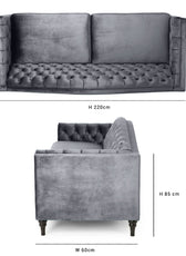 Nova 3-Seater Velvet Sofa with Square Arms – L220cm x W60cm x H85cm, Grey Comfortable & Stylish Sofa for Living Room - Cotton Home