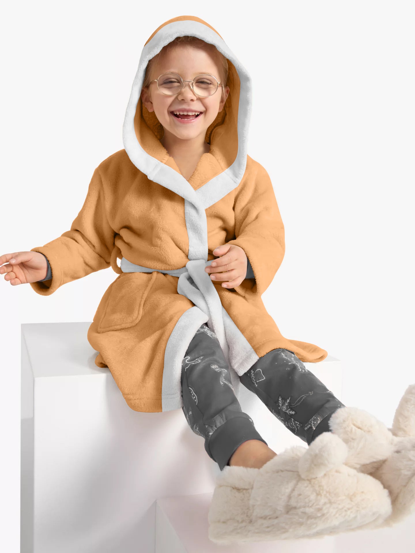 Premium Unisex Peach Bathrobe for Kids Ages 4-14 years with Hood and Tie Up Belt High quality Absorbent - Cotton Home