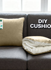 Beige cushion on a gray sofa with 'DIY CUSHION' text