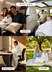 Collage of a family using a blanket in various settings including travel, work space, and picnic.

