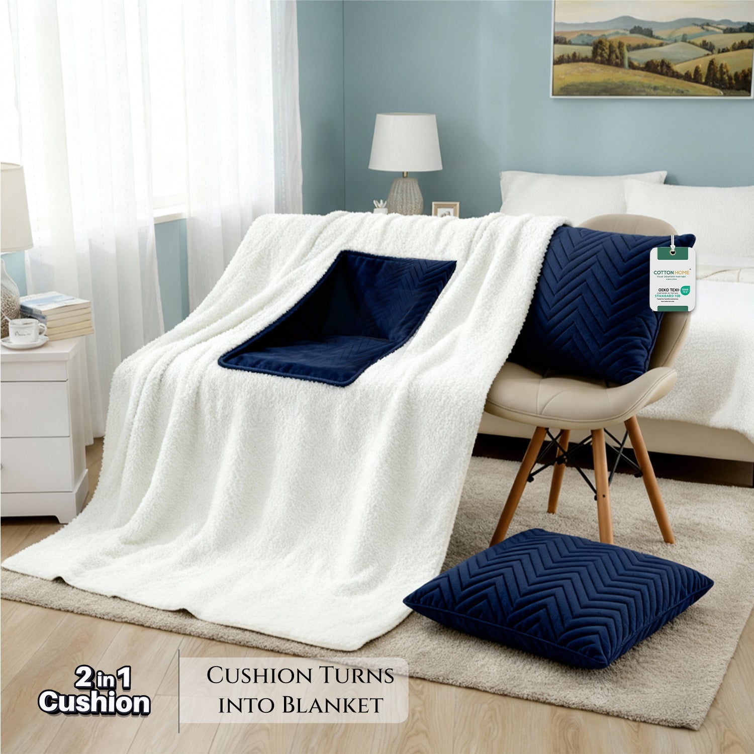 2 in 1 White blanket with a navy blue cushion in a bedroom setting
