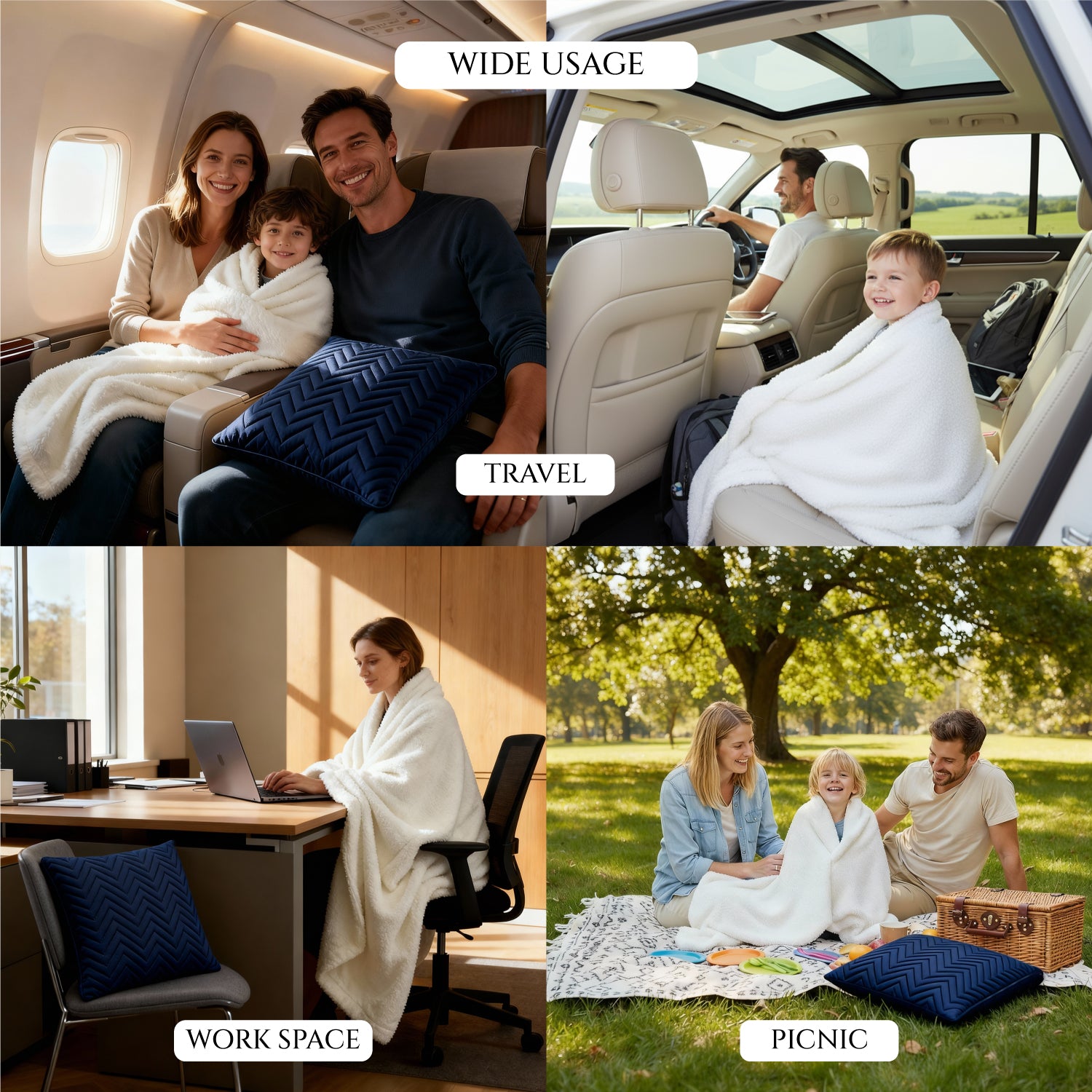 Collage of a family using a blanket by cotton home in various settings including travel, work space, and picnic.
