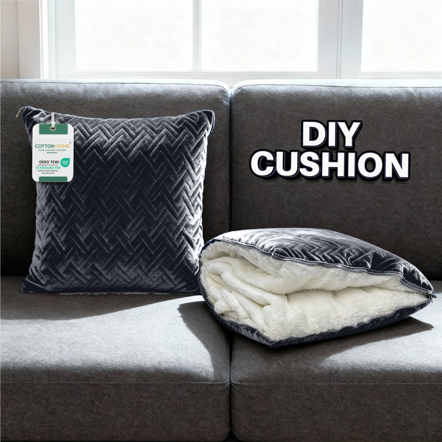 Gray cushion with a textured pattern on a gray sofa by cotton home