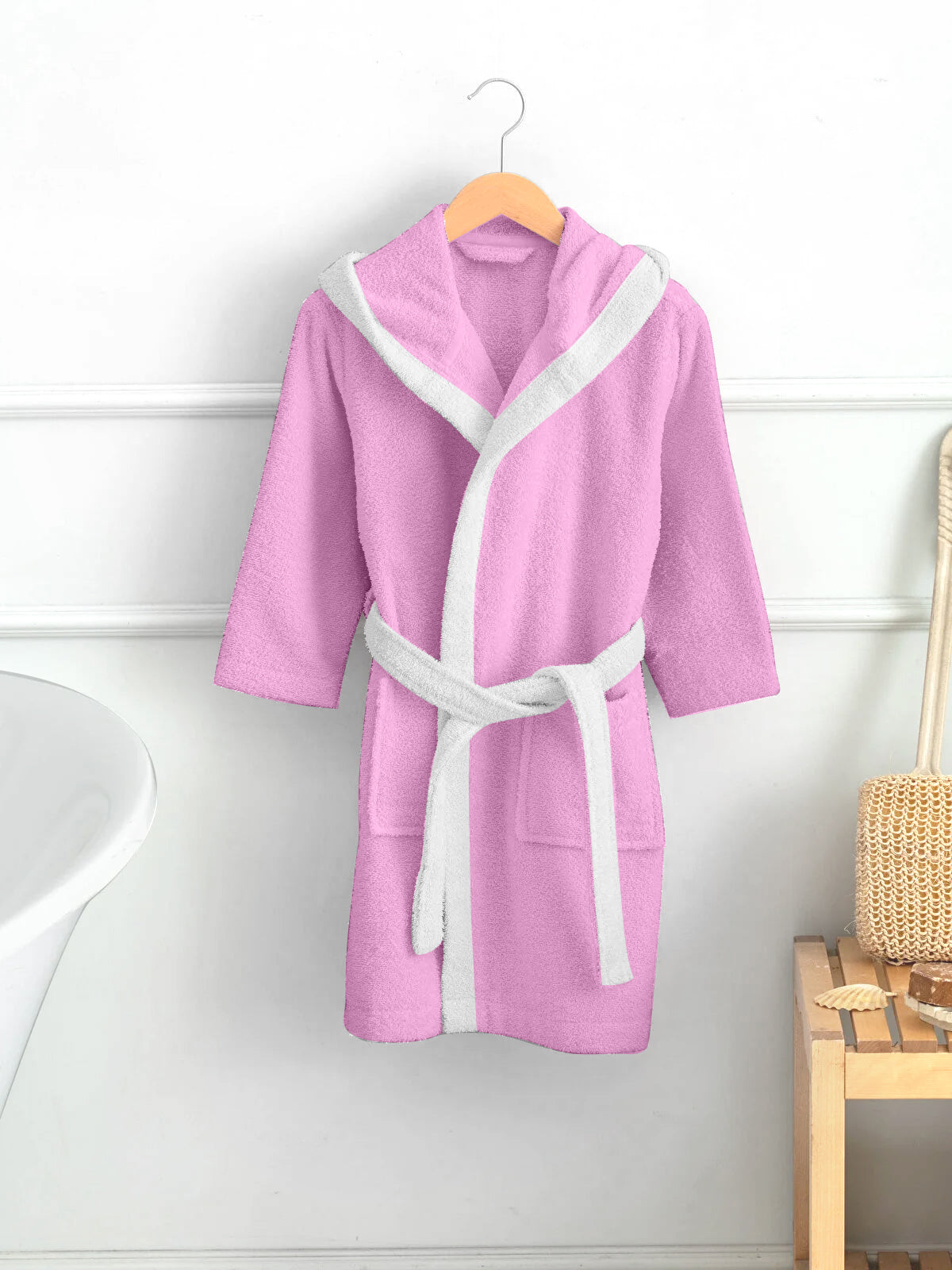 Kitty Embroidered Kids Bathrobe with Hood and Tie Up Belt - Pink - Cotton Home