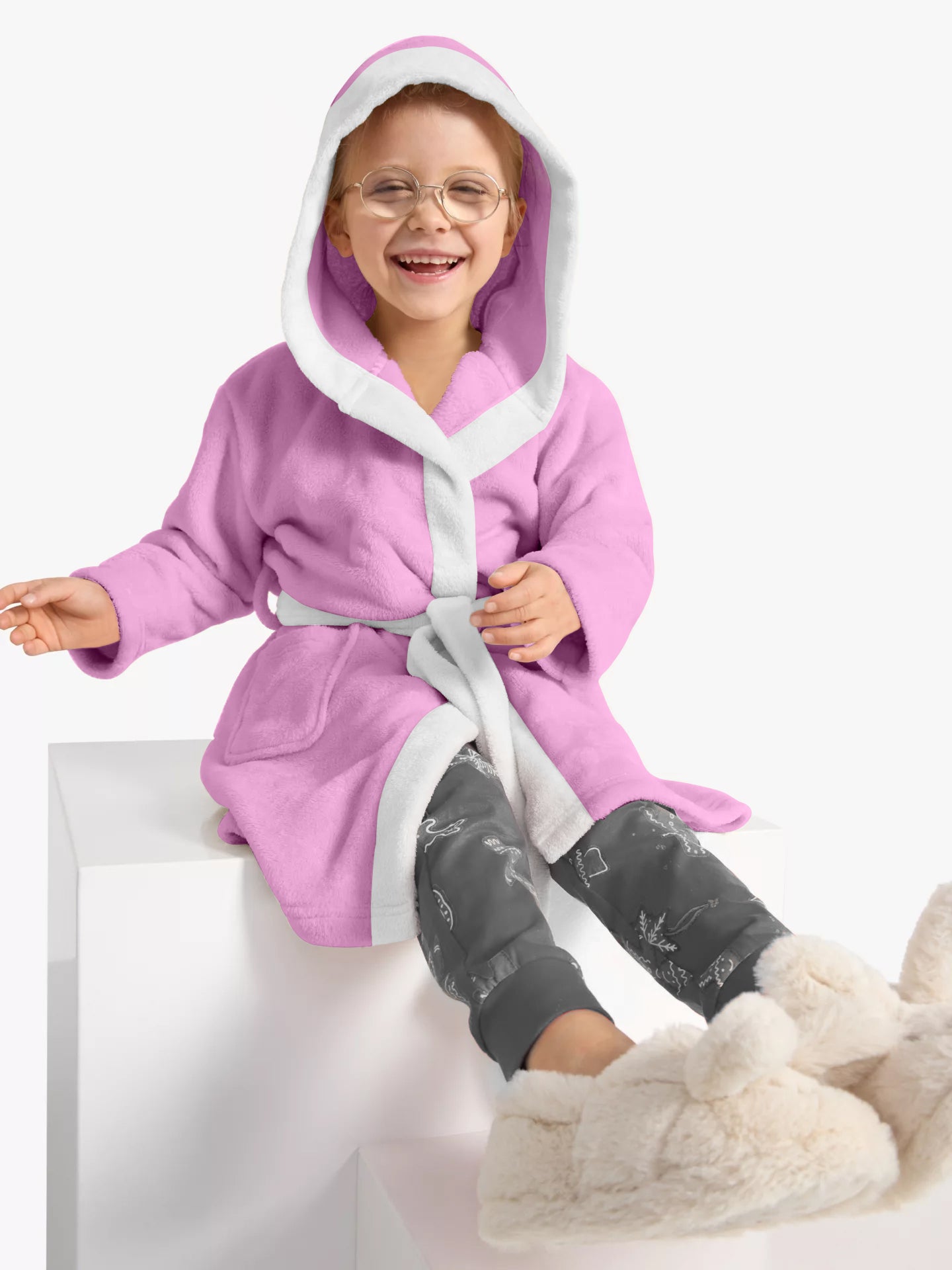 Kitty Embroidered Kids Bathrobe with Hood and Tie Up Belt - Pink - Cotton Home