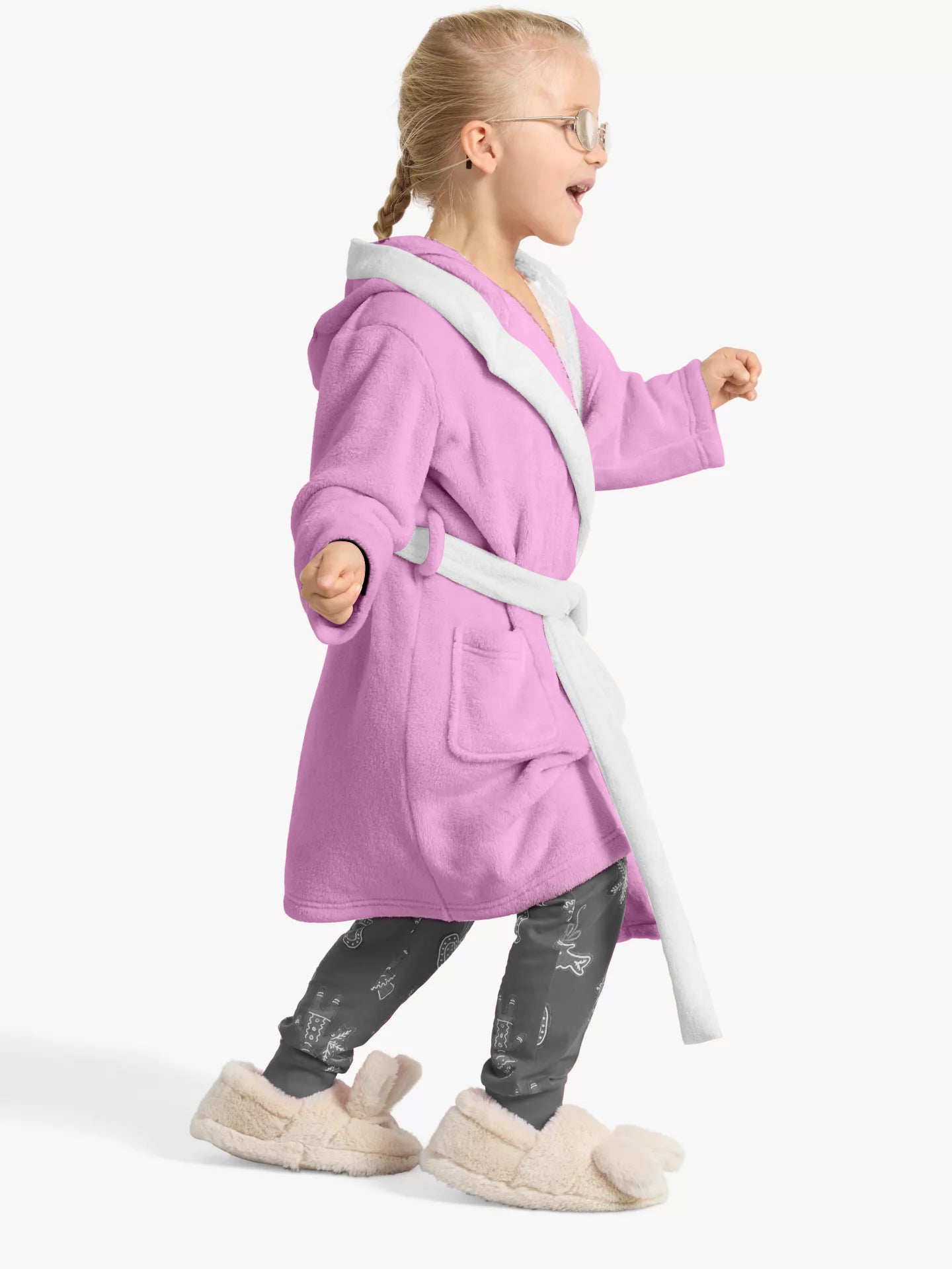 Kitty Embroidered Kids Bathrobe with Hood and Tie Up Belt - Pink - Cotton Home