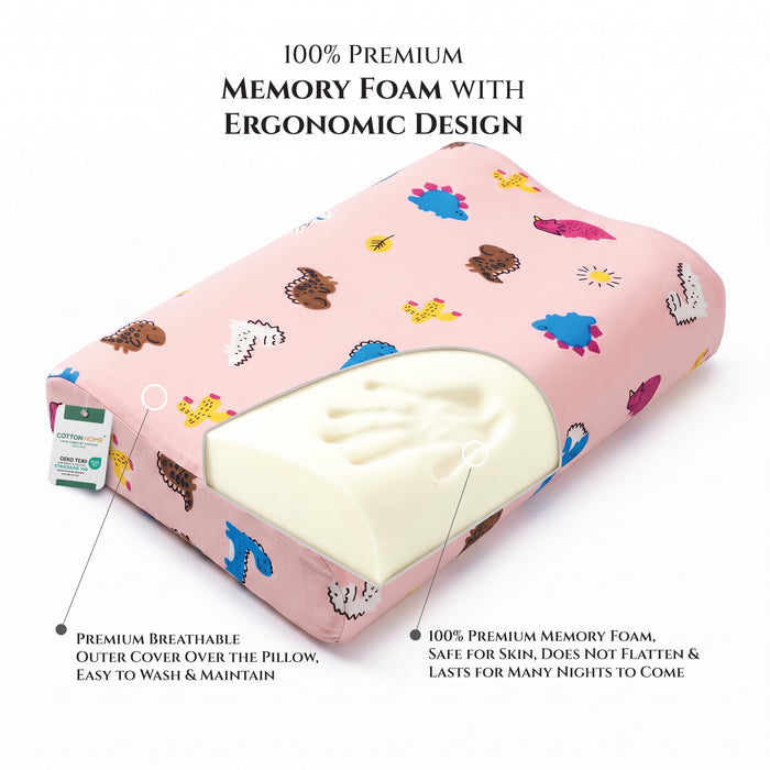 Kids Contour Memory Foam Pillows - Pink Dino (26x38cm)