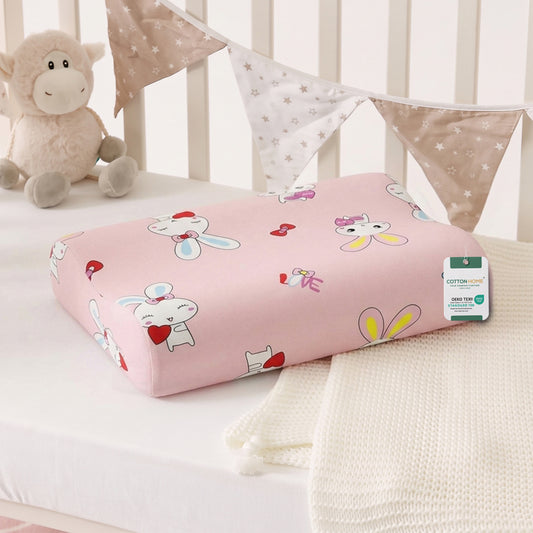 Snoozie Kids Contour Memory Foam Pillow 26x38 cm, Ergonomic Pillow for Children, Removable Cover Pink Rabbit