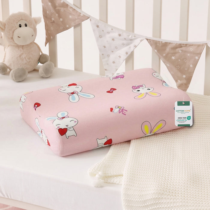 Snoozie Kids Contour Memory Foam Pillow 26x38 cm, Ergonomic Pillow for Children, Removable Cover Pink Rabbit