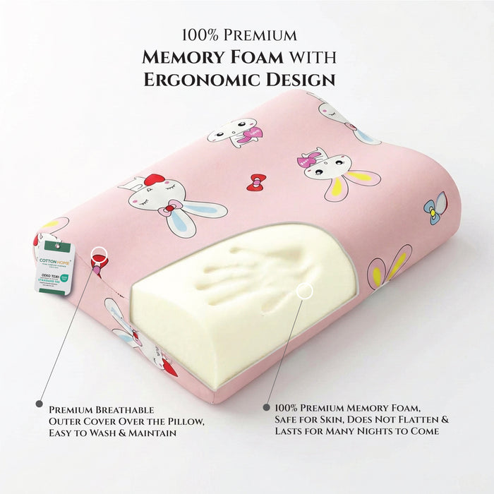 Kids Contour Memory Foam Pillows - Pink Rabbit (26x38cm)
