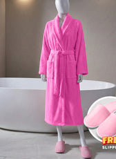 Premium Cotton Rose Terry Bathrobe with Pockets, One Size Fits All with Free Bath Slippers