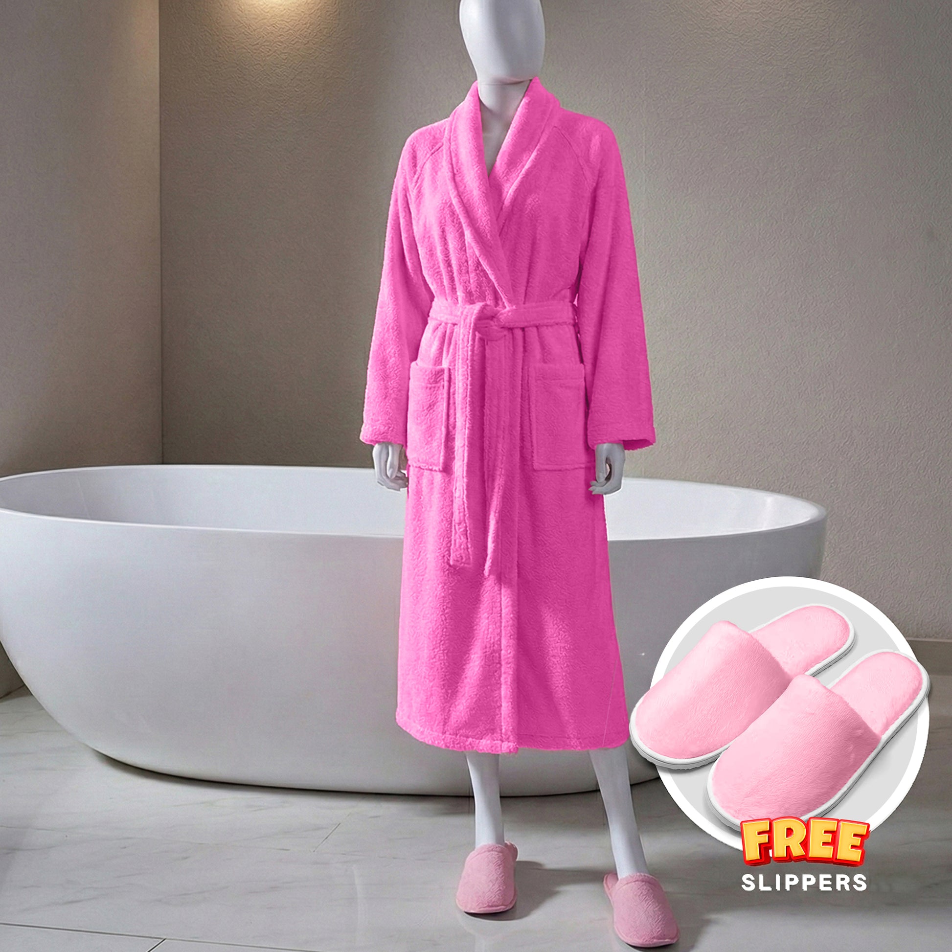 Premium Cotton Rose Terry Bathrobe with Pockets, One Size Fits All with Free Bath Slippers