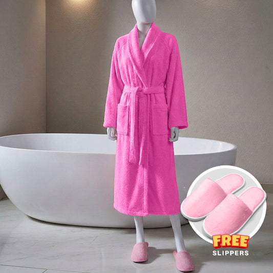 Premium Cotton Rose Terry Bathrobe with Pockets, One Size Fits All with Free Bath Slippers