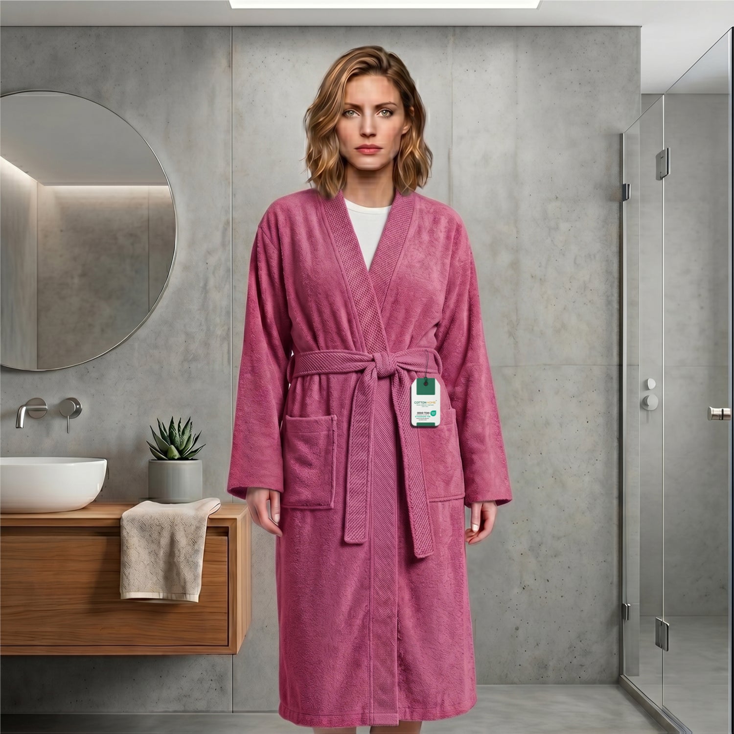 Plush Cotton Adult Bathrobe 100% Cotton Thick & Absorbent - Pink